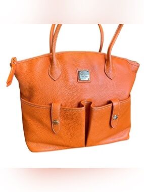 Vintage Dooney & Bourke Vibrant Orange Pebbled Leather Tote with Front Pockets